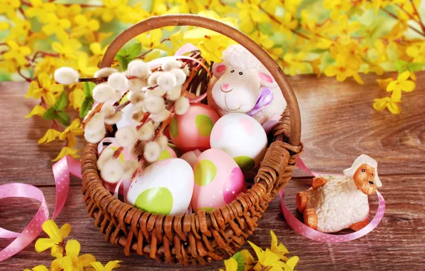 Picture flowers, nature, basket, toys, eggs, branch, spring, yellow