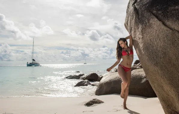 Sand, sea, swimsuit, the sky, girl, the sun, clouds, red