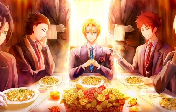 Table, roses, guys, serving, In the search for the divine recipe, Shokugeki No Soma