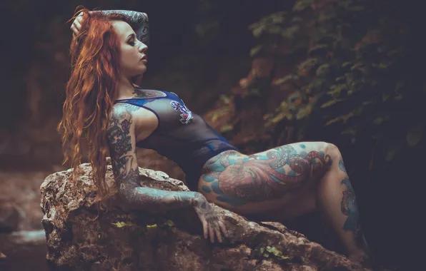 Swimsuit, stone, tattoo, red, legs, hip, tattoo, Yana Sinner