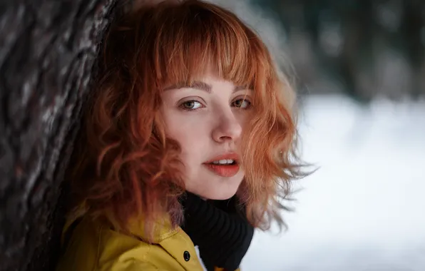 Winter, look, snow, hair, Girl, red, Juliana Naidenova