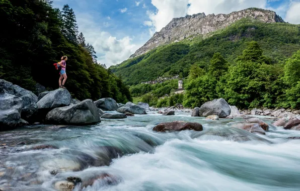 Mountains, river, Switzerland, Church, Switzerland, Locarno, Lavertezzo, Canton of Ticino