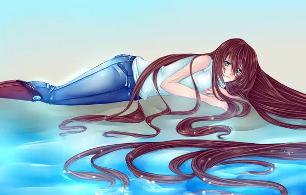 Picture water, girl, jeans, boots, anime, long hair