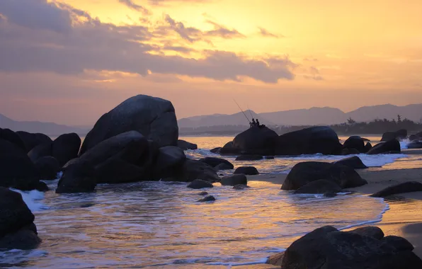 Picture sea, landscape, sunset, mood, fishing, the evening, fishermen, boulders