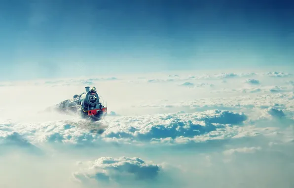 The sky, clouds, train