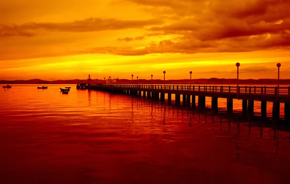 Sunset, The sky, Water, Clouds, Sea, The evening, Photo, Pier