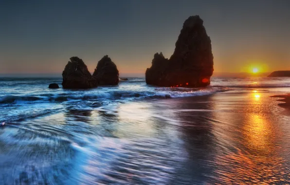 Picture sunset, The Pacific ocean, Rodeo Beach, long exposure