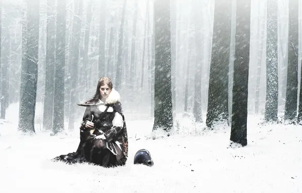 Forest, look, girl, snow, trees, weapons, Winter, warrior
