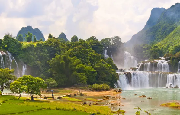People, waterfalls, Viet Nam, Ban Gioc Waterfall, aasai, Lao Cai