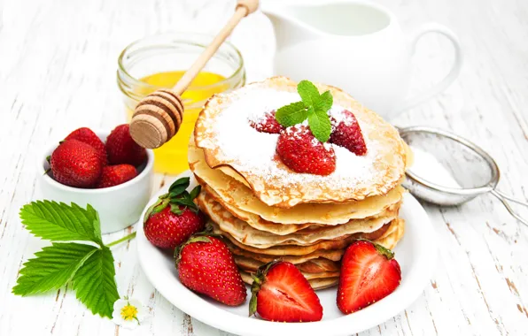 Strawberry, powdered sugar, pancakes, Olena Rudo