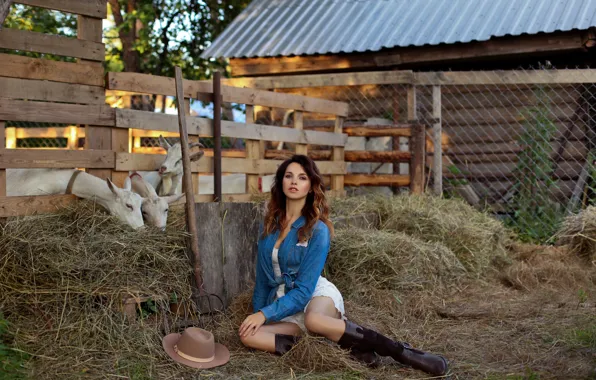 Picture girl, hay, legs, goats, pitchfork, the farm, Eugene Pyatnitskaya