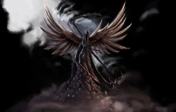Fog, death, fiction, wings, skull, braid, black background, dark angel