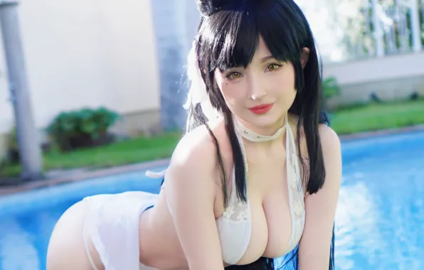 Girl, sexy, pool, cleavage, long hair, dress, boobs, animal ears