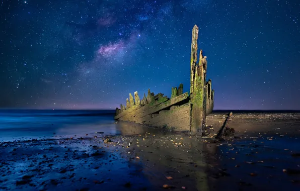 Stars, night, ship, The milky way, old, pond