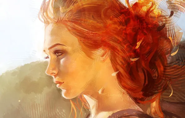 Picture face, red hair, in profile, portrait of a girl, neck shoulders