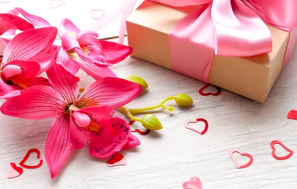 Picture flowers, gift, tape, hearts, love, pink, flowers, romantic