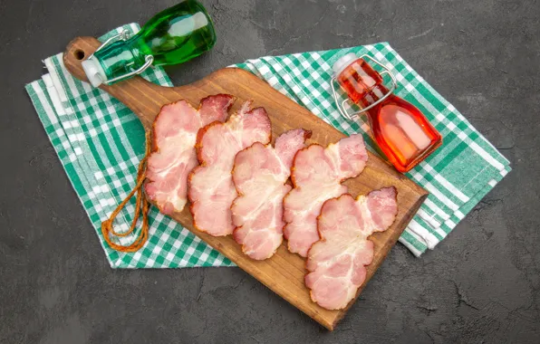 Oil, towel, meat, grey background, cutting, ham, bottle, cutting Board