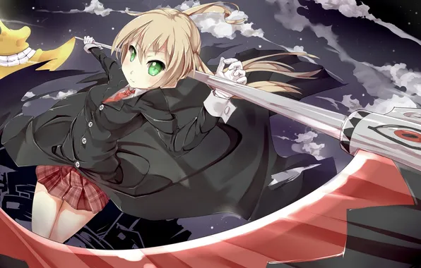 The sky, girl, stars, clouds, night, weapons, a month, anime