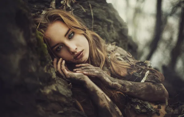 Picture girl, branches, nature, dirt