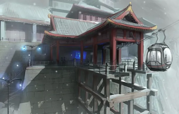 Snow, Asia, the building, height, lights, the funicular, Dreamfall: The Longest Journey