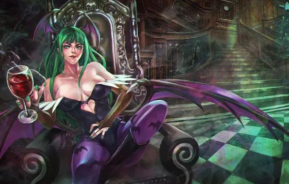 Chest, girl, wings, art, morrigan, succubus, Darkstalkers, Morrigan Aensland