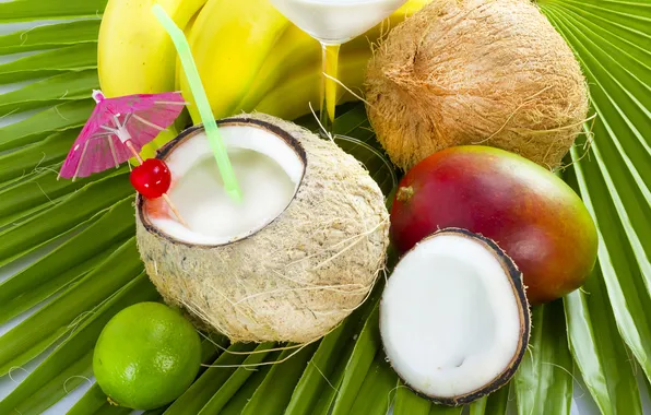 Coconut, bananas, cocktail, lime, fruit, mango, fresh, drink