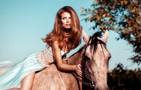 Picture the sky, girl, the sun, pose, horse, makeup, dress, hairstyle