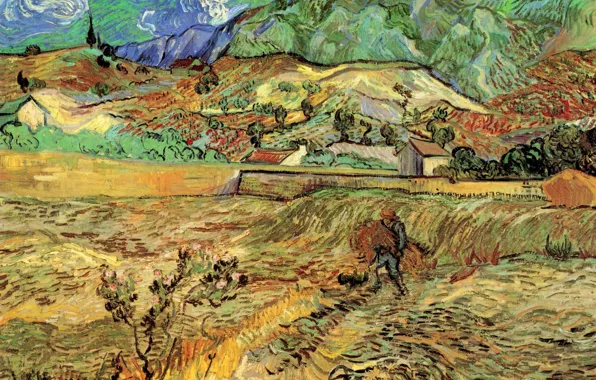 Picture Vincent van Gogh, Field with Peasant, the man in the garden, Enclosed Wheat