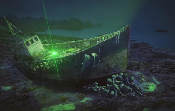 Ship, skeletons, photoart, green light