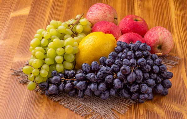 Drops, blue, green, table, lemon, apples, Board, grapes