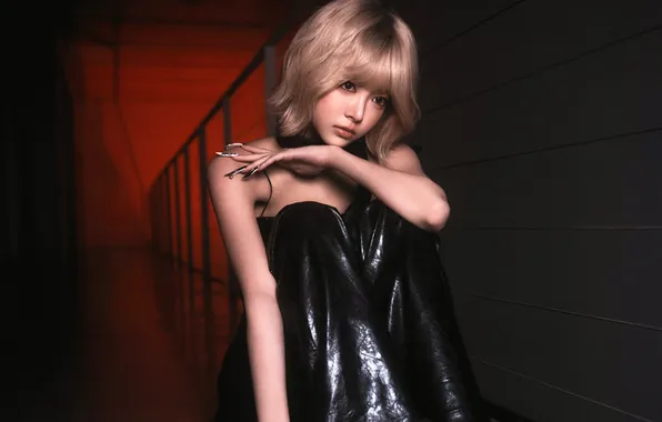 Picture blonde, Asian, black dress, gesture, cutie, asian, cutie, asian girls