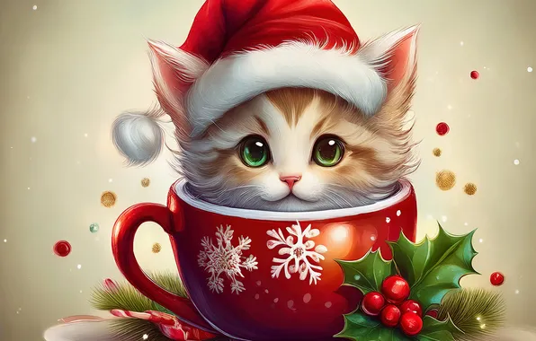 Cat, look, pose, kitty, red, Christmas, mug, Cup