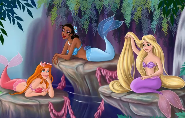 Picture forest, trees, waterfall, tale, Rapunzel, mermaid, Giselle, beauty