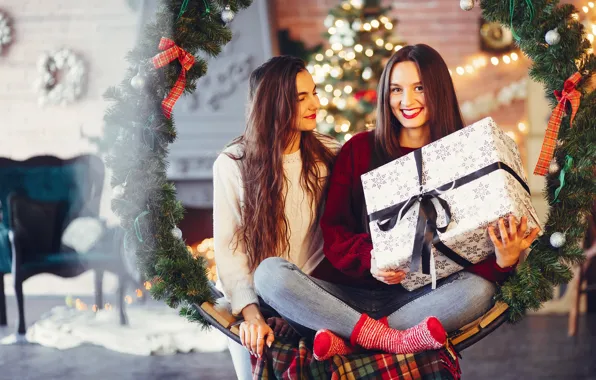 Joy, girls, swing, room, box, Christmas, New year, Duo