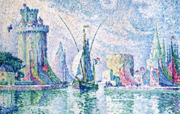 Picture landscape, boat, picture, sail, Paul Signac, pointillism, La Rochelle. Green Tower