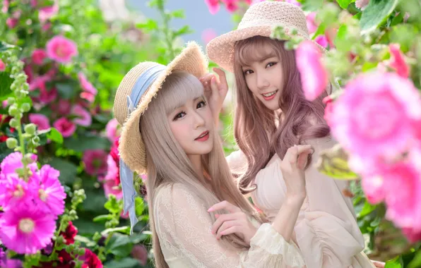 Summer, flowers, pose, smile, girls, together, hands, makeup