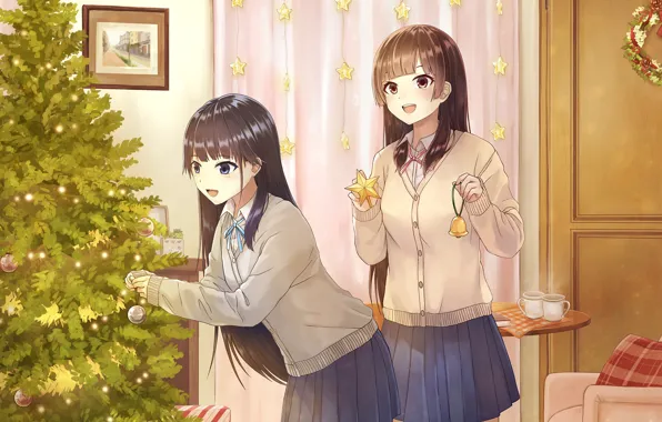 Picture girl, tree, new year, anime, art