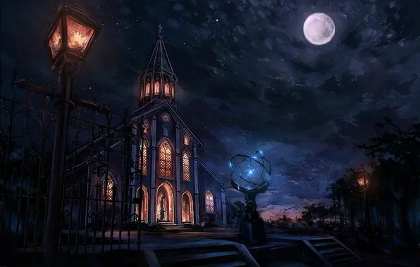 Picture stars, night, the moon, the building, art, chapel, fate stay night, fate zero