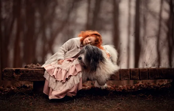 Picture mood, dog, friendship, girl, red, friends, redhead