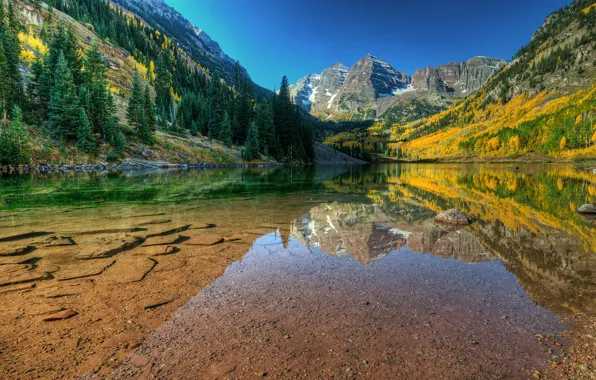 Picture autumn, water, transparency, lake, stones, mountain