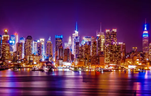 Night, the city, lights, skyscrapers, panorama, skyline, WTC, New York city