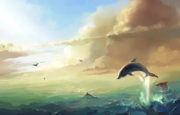 Sea, Dolphin, jump, dolphins, digital painting, AI art, neural network, the art of artificial intelligence