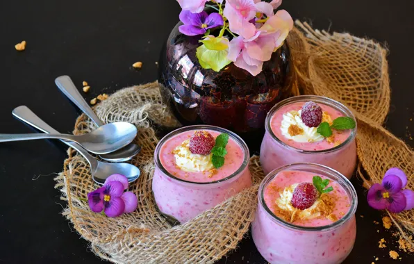 Picture flowers, raspberry, cream, cocktail, spoon