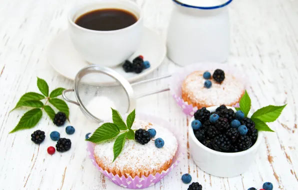 Berries, coffee, milk, blueberries, BlackBerry, powdered sugar, muffins, Olena Rudo