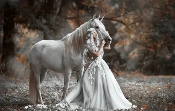 Picture autumn, girl, horse, dress, unicorn, Princess, Marketa Novak, Bára Marková