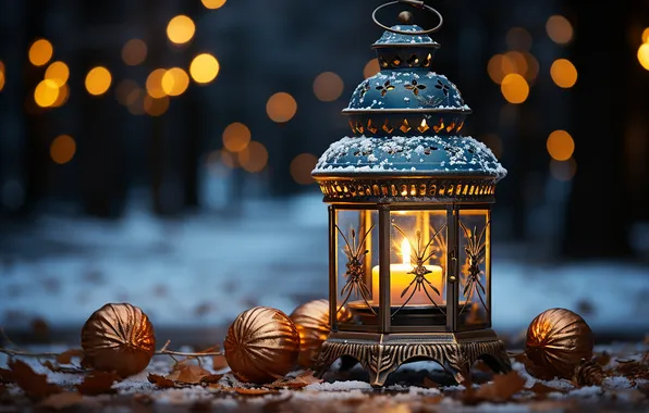 Winter, snow, night, Christmas, lantern, New year, Christmas, night