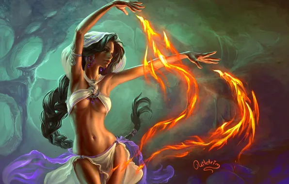 Girl, fire, magic, art, braid, uildrim
