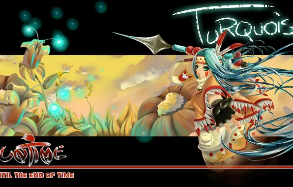 Picture look, girl, flowers, the inscription, hair, anime, feathers, hands