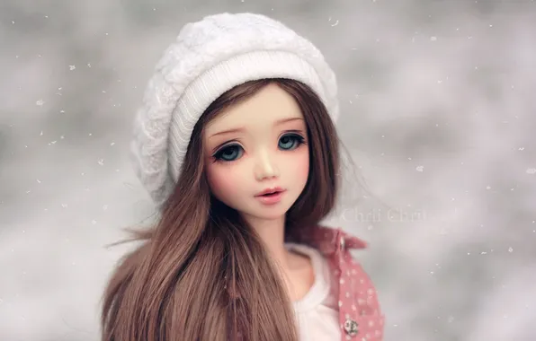 Picture takes, doll. toy. long hair, winter. snowflakes