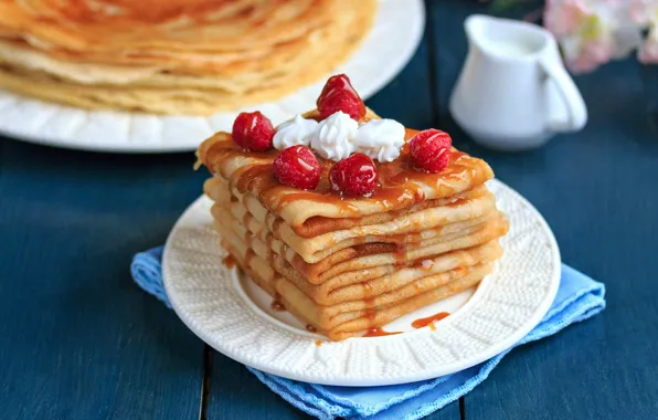 Berries, raspberry, blur, plate, cakes, syrup, pancakes